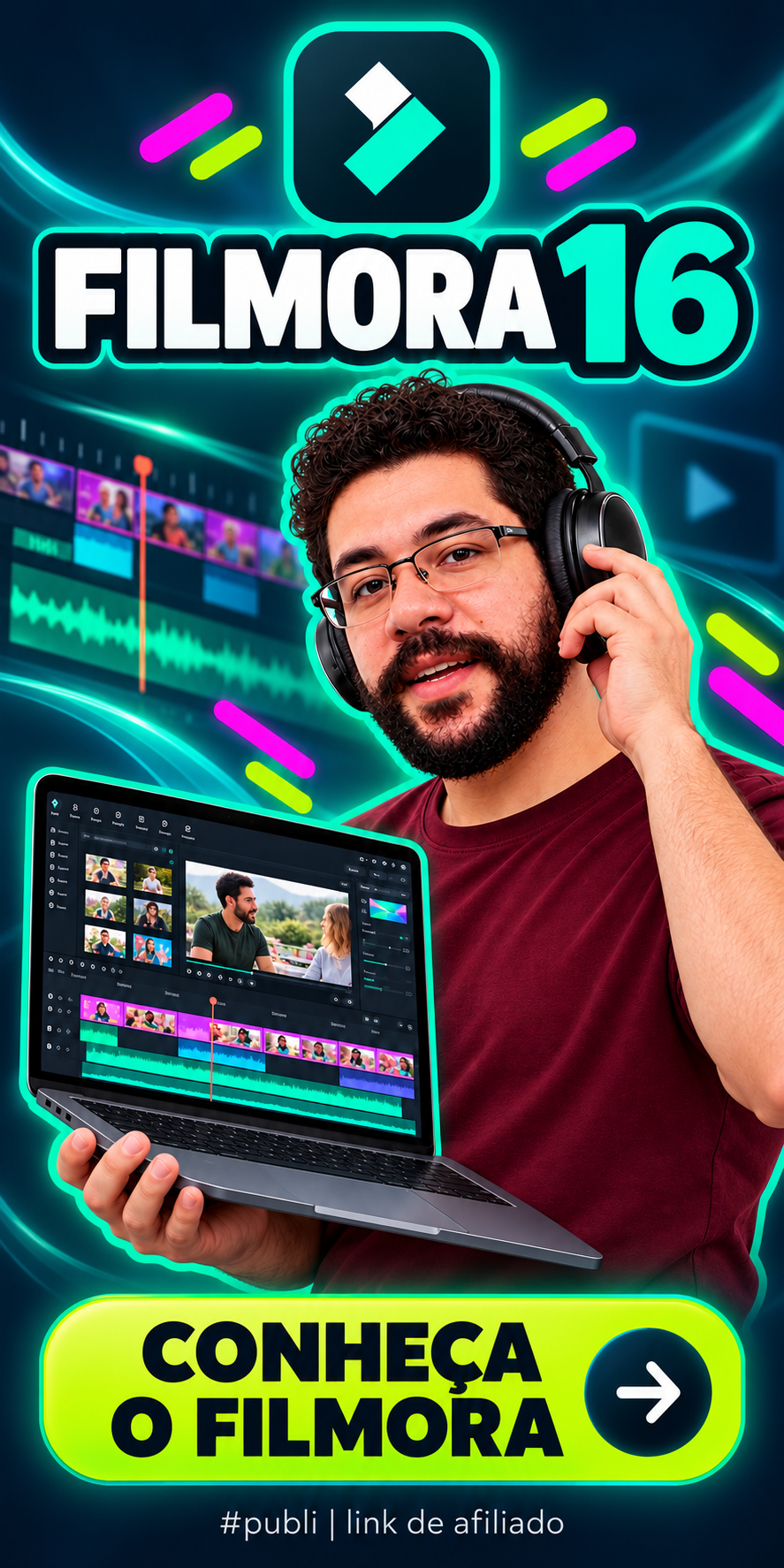 Conhe&ccedil;a o Wondershare Filmora 16, editor de v&iacute;deo com IA (link de afiliado)